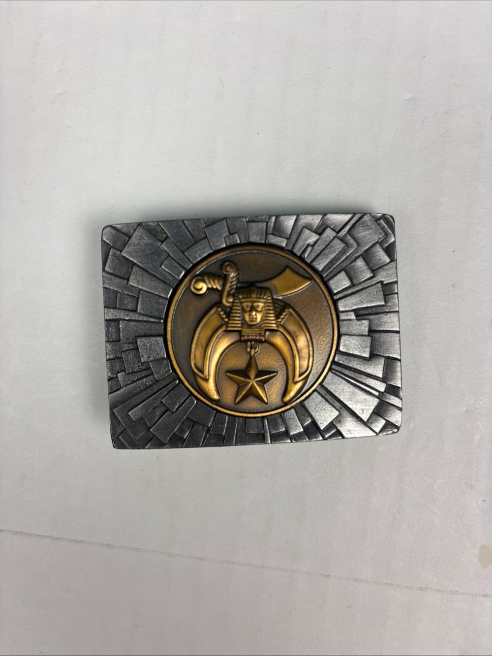 Vintage Masonic Shriner Klitzner USA Belt Buckle Silver Gold Tone Rectangle 1981